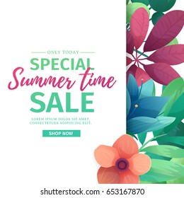 Template Design banner with Special summer sale logo. Card for summertime season offer with white frame on flower background. Promotion discount with plants, leaves and flowers decoration. Vector.