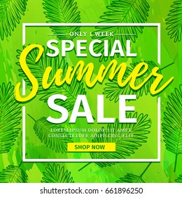 Template design banner for special summer sale. Layout poster on green summer season background. Backdrop palm leaves pattern and watercolor texture. Discount flyer concept with tropical leaf. Vector