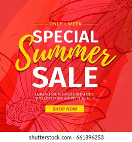 Template design banner for special summer sale. Layout poster on rad summer season background. Backdrop flowers pattern and watercolor texture. Discount flyer concept with nature floral. Vector