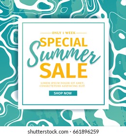 Template design banner for special summer sale. Blue background with white marble texture and water wave for advertising. Backdrop effect water with card for season discount. Vector