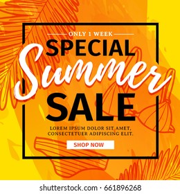 Template design banner for special summer sale. Layout poster on orange summer season background. Backdrop palm leaves, swimsuit and watercolor texture. Discount concept. Vector