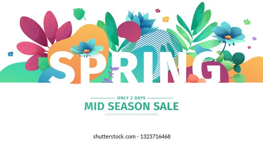 Template design banner for spring season sale. Promotion offer layout with plants, leaves and floral decoration.  Abstract shape with flowers frame. Vector.