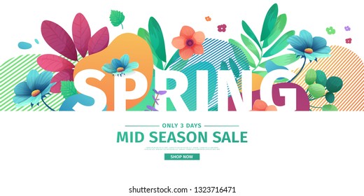 Template design banner for spring season sale. Promotion offer layout with plants, leaves and floral decoration.  Abstract shape with flowers frame. Vector.