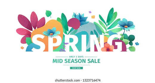 Template design banner for spring season sale. Promotion offer layout with plants, leaves and floral decoration.  Abstract shape with flowers frame. Vector.