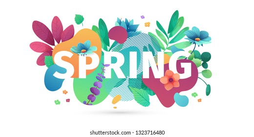 Template Design Banner For Spring Season Sale. Promotion Offer Layout With Plants, Leaves And Floral Decoration.  Abstract Shape With Flowers Frame. Vector.