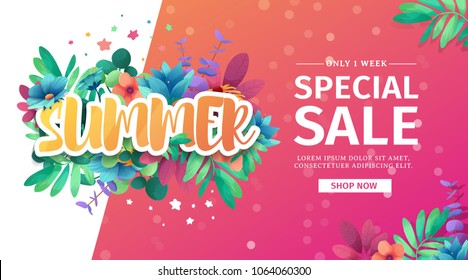 Template design banner for summer offer. Special sale flyer advertising with floral frame and flower summer logo. Web offer on pink background. Vector
