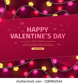 Template design banner tape for Valentine's day offer. Red background with decor neon heart shape garland and  swirl elements for Happy Valentine's day sale. Romantic promotion card and flyer. Vector.