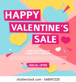 Template design  banner for Valentine's day offer. Geometric background with decor heart and particles for happy Valentine's day sale.  Romantic promotion card and flyer. Vector.