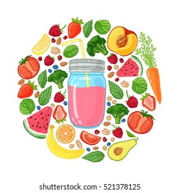 Template design banners, brochures, flyers smoothie. Design poster with smoothie jar and and ingredients. Decoration with fruits, vegetables and herbs. Place for you text. Vector