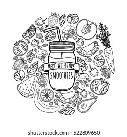 Template design banners, brochures, flyers homemade smoothie. Design poster with silhouette smoothie jar and and ingredients. Decoration with fruits, vegetables and herbs in line style. Vector