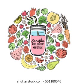 Template design banners, brochures, flyers homemade smoothie. Design poster with silhouette smoothie jar and and ingredients. Decoration with fruits, vegetables and herbs in line style. Vector