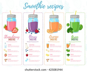 Template design banners, brochures, menus, flyers smoothie recipes. Design menu with recipes and ingredients for a smoothie. Recipes of cocktails made from fruits, vegetables and herbs. Vector