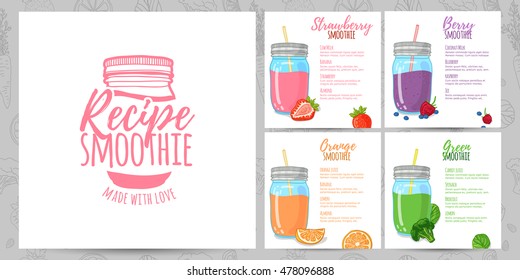 Template design banners, brochures, menus, flyers smoothie recipes. Design menu with recipes and ingredients for a smoothie. Recipes of cocktails made from fruits, vegetables and herbs. Vector