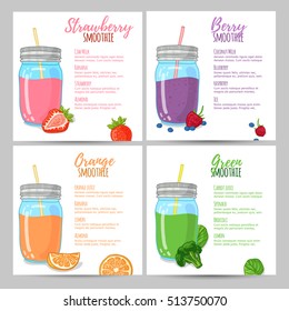 Template design banners, brochures, menus, flyers smoothie recipes. Design menu with recipes and ingredients for a smoothie. Recipes of cocktails made from fruits, vegetables and herbs. Vector