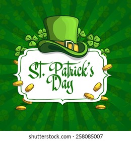 Template design banners, logos, signs, posters for St. Patrick's Day. Hat, clover and coins in cartoon style. On green seamless background with clover. Vector.