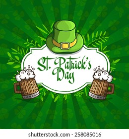 Template design banners, logos, signs, posters for St. Patrick's Day. Hat, beer and plants in a cartoon style. On green seamless background with clover. Vector.