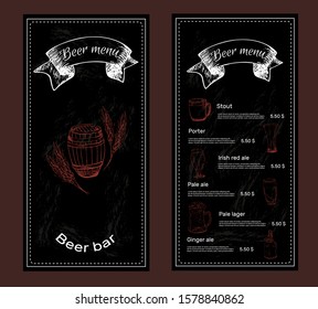 Template design for beer  restaurant, bar or pub  menu. Hand drawn vintage style, on black background. Price list for different types of beer