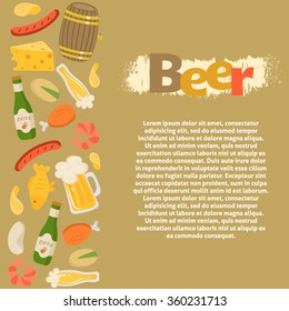 Template for design with beer and snacks and place for your text. Illustrated cartoon background. Great for your creative design. More illustrations with beer and snacks you can find in my portfolio
