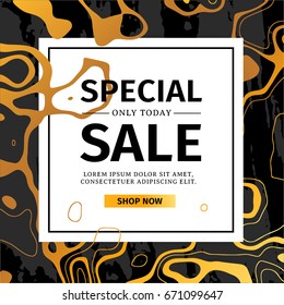 Template design  black banner for sale. Background with gold marble texture for advertising. Backdrop effect marbling with card for discount. Layout luxury invitation with Ink liquid style. Vector