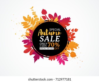 Template design black  circle autumn sale banner with decor color silhouette of plants. Sign of promotion and discounts offer of the nature of the fall season with leaves of maple. Vector