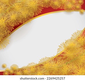 Template design with blank area, red labels decorated with yellow mimosa flowers.