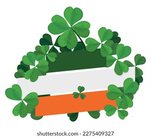 Template design with blank labels with the tricolour of Ireland, covered with green shamrocks.