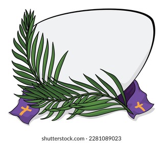 Template design with blank sign, green palm branches and purple stole decorated with crosses for Palm Sunday. Cartoon style design.