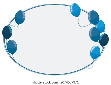 Template design in blue color with oval sign and balloons, isolated over white background.