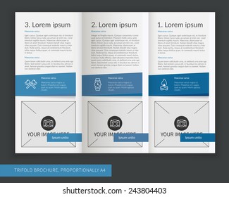 Template design of blue modern creative trifold brochure. Editable and light vector with places for photos. Proportionally A4