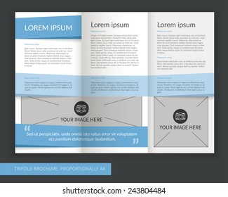 Template design of blue modern creative trifold brochure. Editable and light vector with places for photos. Proportionally A4