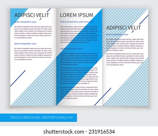 Template design of blue trifold brochure with stripes and lines. Editable and light vector with places for photos. Proportionally A4
