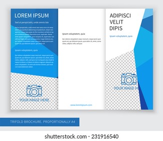 Template design of blue trifold brochure with polygons. Editable and light vector with places for photos. Proportionally A4