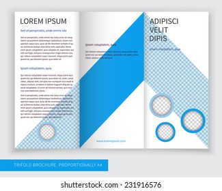 Template design of blue trifold brochure with stripes and circles. Editable and light vector with places for photos. Proportionally A4