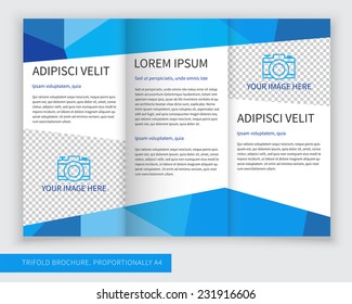 Template design of blue trifold brochure with polygons. Editable and light vector with places for photos. Proportionally A4