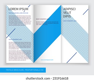 Template design of blue trifold brochure with stripes and lines. Editable and light vector with places for photos. Proportionally A4