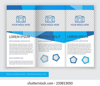 Template design of blue trifold brochure with polygons. Editable and light vector with places for photos. Proportionally A4