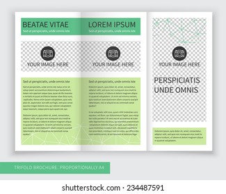 Template design of blue trifold brochure with polygonal grid. Editable and light vector with places for photos. Proportionally A4