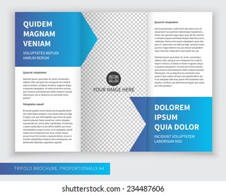 Template design of blue trifold brochure. Editable and light vector with places for photos. Proportionally A4
