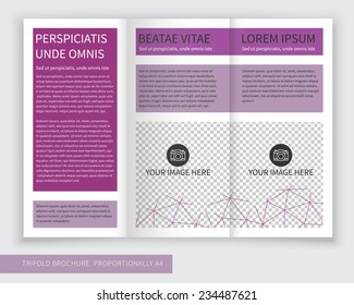 Template design of blue trifold brochure with polygonal grid. Editable and light vector with places for photos. Proportionally A4