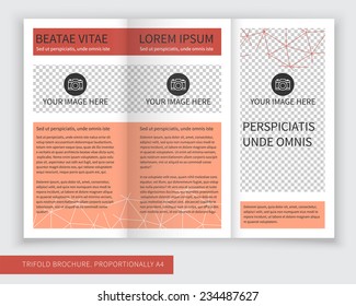 Template design of blue trifold brochure with polygonal grid. Editable and light vector with places for photos. Proportionally A4
