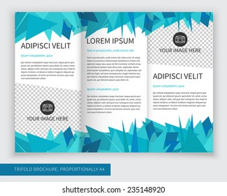 Template design of blue trifold brochure with polygons. Editable and light vector with places for photos. Proportionally A4