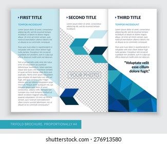 Template design of blue trifold brochure with polygons. Editable and light vector with places for photos. Proportionally A4