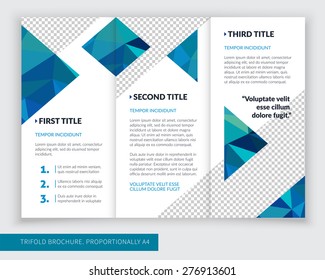 Template design of blue trifold brochure with polygons. Editable and light vector with places for photos. Proportionally A4