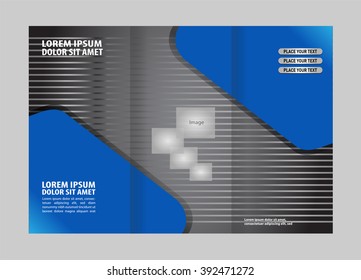 Template design of blue trifold brochure with polygons. Editable and light vector with places for photos. Proportionally A4
