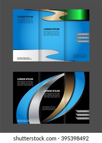 Template design of blue trifold brochure with polygons. Editable and light vector with places for photos. Proportionally A4
