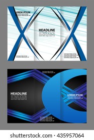 Template design of blue trifold brochure with polygons. Editable and light vector with places for photos. Proportionally A4
