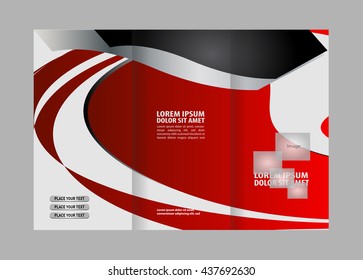 Template design of blue trifold brochure with polygons. Editable and light vector with places for photos. Proportionally A4
