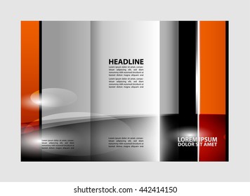 Template design of blue trifold brochure with polygons. Editable and light vector with places for photos. Proportionally A4
