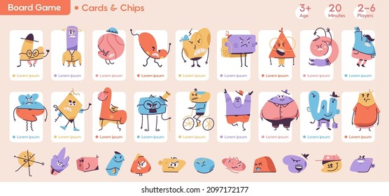 Template design for board game with cute abstract monsters characters on Cards and Chips. Different types of colorful mascots expressing emotions. Vector childrens illustration in flat cartoon style