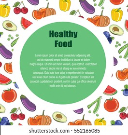 Template design booklet with the decor of the fruit. Pattern of natural foods, fruits, vegetables and berries. Decor of vegetarian meal for poster, banner.